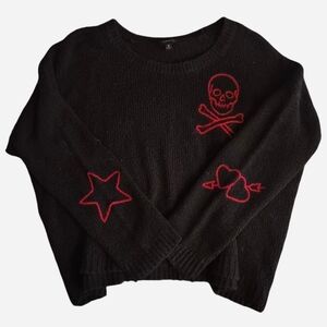 Edgy Black Sweater with Red Skull and Star Accents